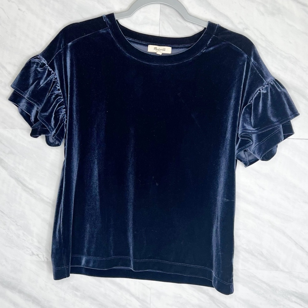 Madewell Velvet Ruffle-Sleeve Blue Tee Small